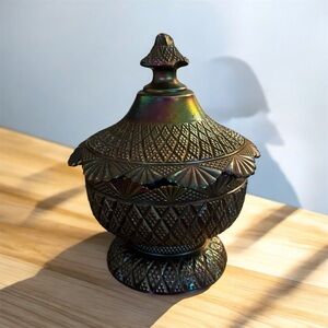 This is a Fenton Art Glass Pagoda Carnival Glass Compote or Candy Dish with Lid.